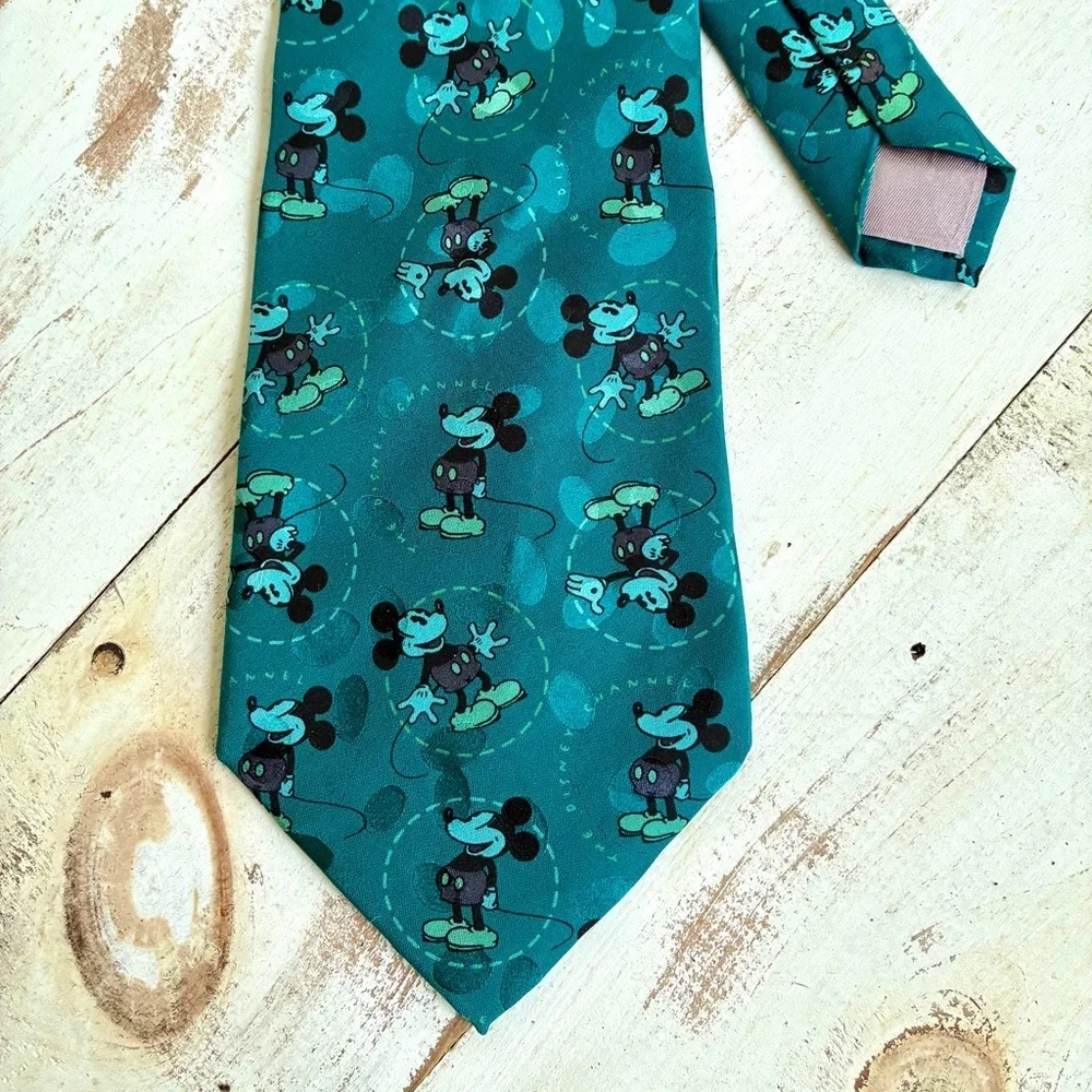 DISNEY CHANNEL Vintage silk neck tie Mickey Mouse cartoon aqua teal RARE 90s EUC - Picture 7 of 9